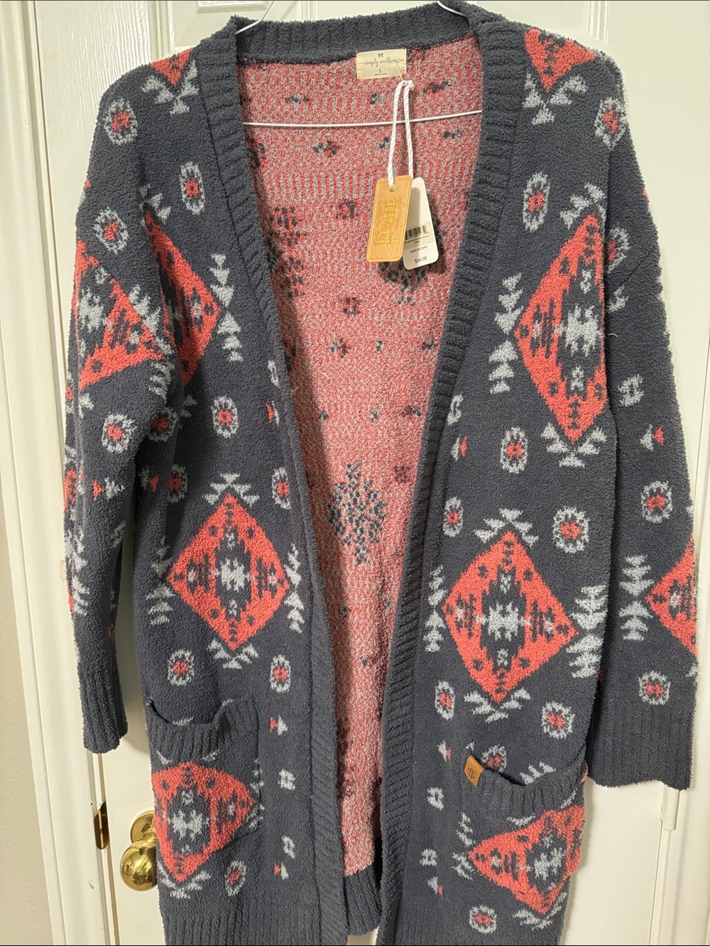 Simply Southern Coral & Gray Open-Front Aztec Cardigan